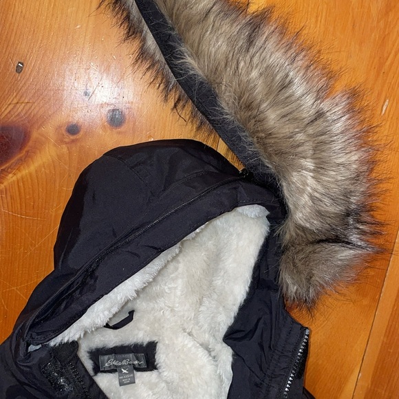Eddie Bauer Down Coat Black Parka Jacket Faux Fur Trim Hood Waterproof 4 Kids - Picture 13 of 14